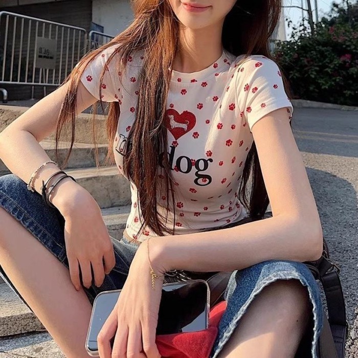 Áo thun ngắn tay in chữ mùa hè mới của hot girl, áo thun ngắn tay in chữ giảm béo, áo đa năng