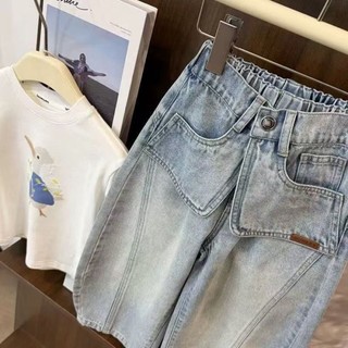 Quần jean sành điệu cho bé gái, quần dài chín điểm có túi cho trẻ em