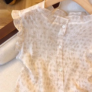 sơ mi voan hoa Pháp dành cho nữ, áo sơ mi nhún bèo mùa hè mới, áo dáng ôm ngọt ngào