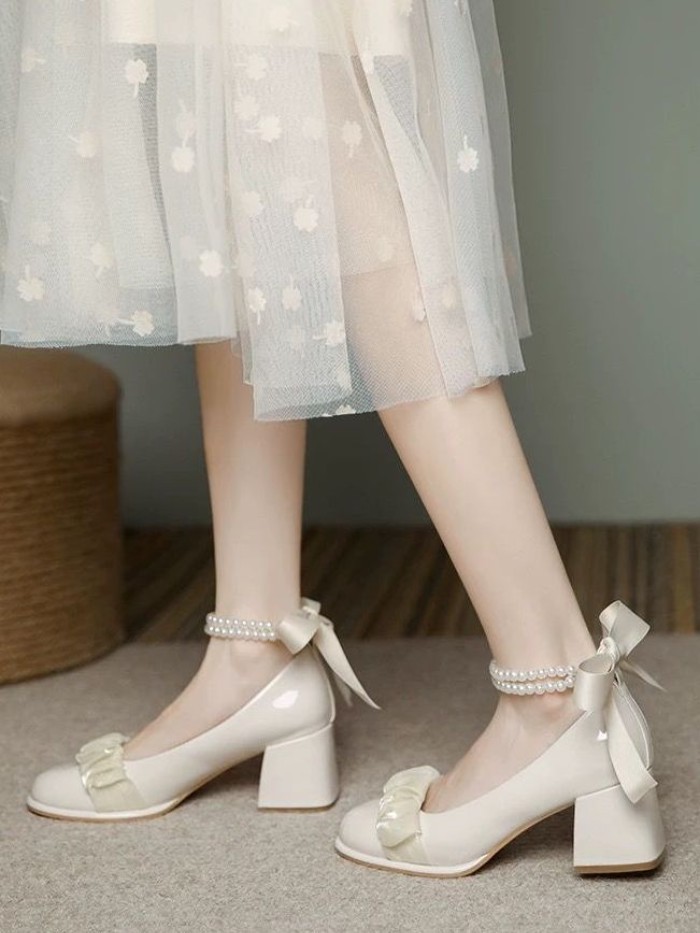 Giày Cổ Tích Mary Jane Nữ Nơ Gót Dày Bé Gái Giày Cao Gót Giày Phù Dâu