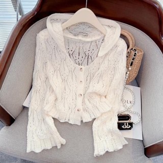 Mới Phong Cách Pháp Mỏng Cao Cấp Dệt Kim Cardigan Có Mũ Trùm Đầu Nhẹ Nhàng Rỗng Kem Chống Nắn