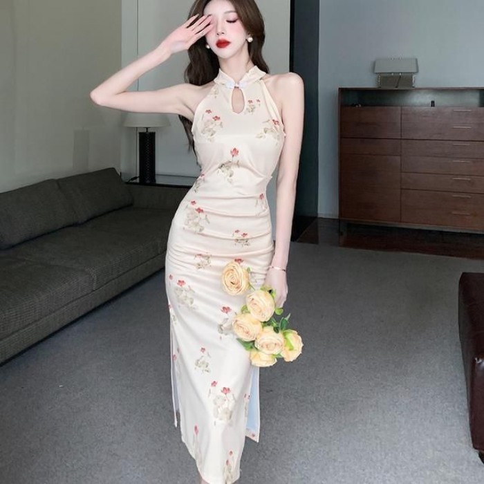 chất nữ tính mùa hè mới, váy sườn xám dài vừa vặn in họa tiết cổ điển trưởng thành và bó sát