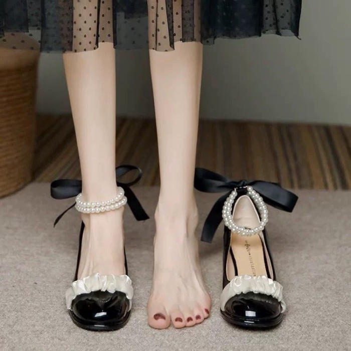 Giày Cổ Tích Mary Jane Nữ Nơ Gót Dày Bé Gái Giày Cao Gót Giày Phù Dâu