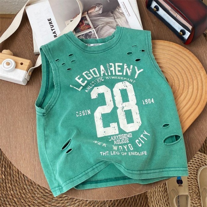 Mùa Hè Đẹp Trai Bé Trai Phong Cách Mới Đau Khổ Đen Nguyên Chất Cotton Không Tay Lỗ Áo Thun Rờ