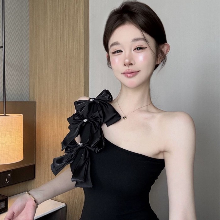 Tinh khiết Ham muốn Phong cách Vai xéo Ống Top Mùa hè Phong cách mới Siêu cổ tích Nơ lệch vai