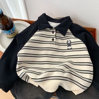 bé trai áo sơ mi POLO sọc thu đông một mảnh nhung áo len trẻ em tay raglan đẹp trai ghép hàng đầ