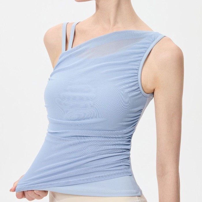 Áo tập yoga nữ có đệm ngực, lệch vai không đều, áo thể thao nối lưới cao cấp