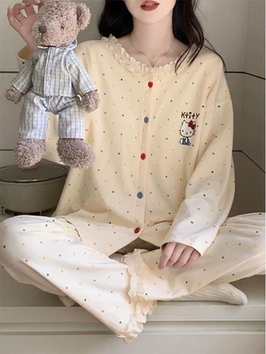 Bộ đồ ngủ chấm bi hellokitty ngọt ngào cho nữ, quần dài, đồ mặc nhà cao cấp có đệm ngực