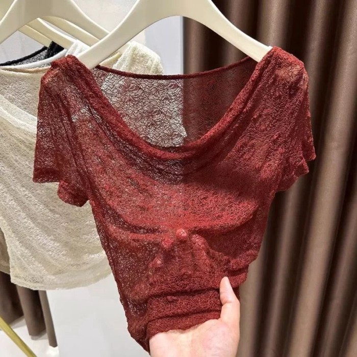 chiếc áo sơ mi ngắn tay ren rỗng xuyên thấu Áo thun lệch vai mùa hè dành cho nữ cổ áo một đường