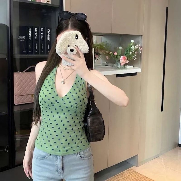 Màu Sắc Cầu Vồng Hot Girl Chấm Bi Yếm Mùa Hè Mới Hở Lưng Đi Kèm Với Miếng Lót Ngực Ôm Vừa Vặn