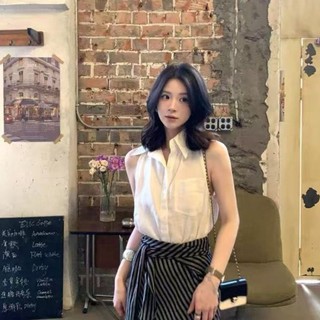 Pháp Retro Màu Xanh Áo Dây Áo Sơ Mi Nữ Mùa Hè Áo Khoác Ngoài Thiết Kế Hốc Áo Sơ Mi Cổ Top