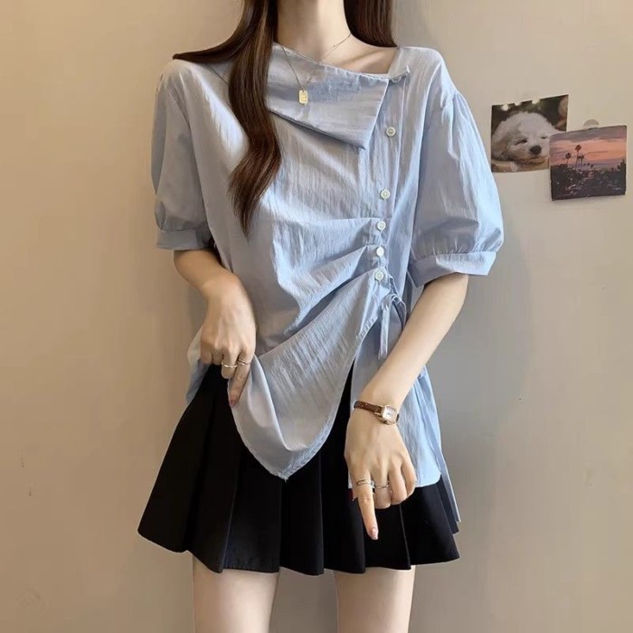 Lan ~ Áo Sơ Mi Tay Ngắn Không Đều Pháp Mùa Hè Mỏng Hơn Nhìn Mới Hàng Đầu Thiết Kế Thời Trang Phối Ren Bong Bóng Eo hẹp