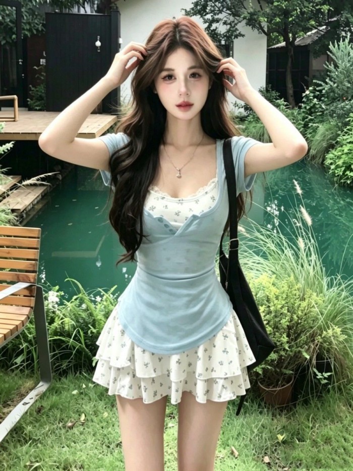 Tươi Mát Và Tinh Khiết Desire Slim Ngắn Tay Áo Hoa Suspender Bánh Đầm Nữ Mùa Hè Slim Hot Girl