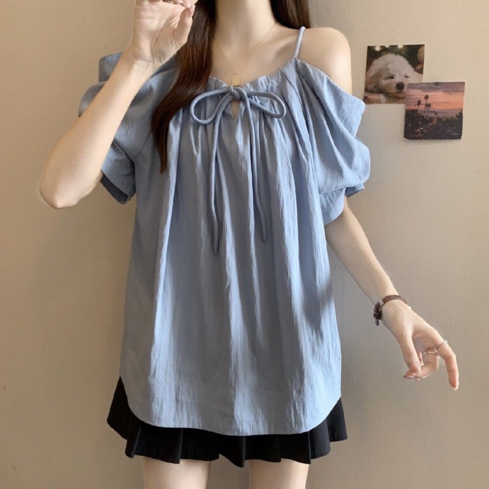 Lan ~ Kích Thước Lớn Dây Rút Sling Một Vai Áo Sơ Mi Nữ Mùa Hè Phong Cách Mới Béo mm Rời Mỏng Hơn Nhìn Thời Trang Tất Cả @