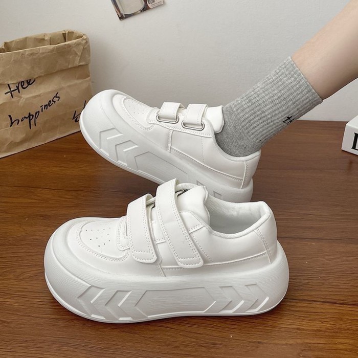 Giày trắng đế dày, giày Velcro tăng chiều cao, giày thể thao mũi tròn đa năng cho nữ, giày thể thao
