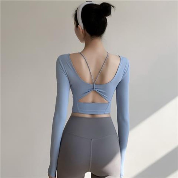 Bộ đồ tập yoga có đệm ngực, áo thun dài tay, lưng trễ nữ tính, giảm béo, tập gym, chạy bộ, áo ngắn