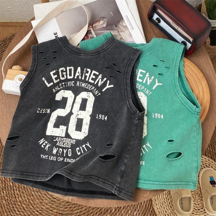 Mùa Hè Đẹp Trai Bé Trai Phong Cách Mới Đau Khổ Đen Nguyên Chất Cotton Không Tay Lỗ Áo Thun Rờ