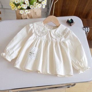 Áo sơ mi nữ phong cách Hàn Quốc cổ búp bê cotton nguyên chất áo sơ mi công chúa chấm bi cho trẻ em