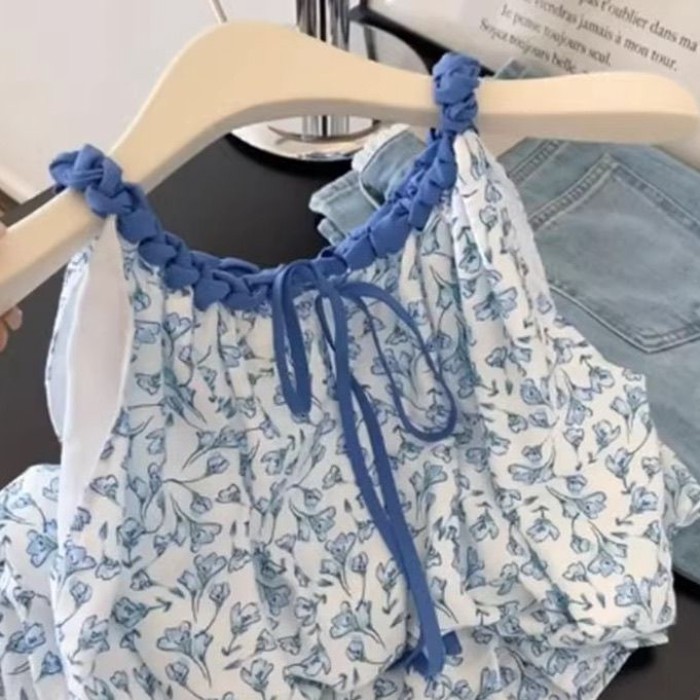 Mùa hè mới phong cách mục vụ hoa tươi ngọt ngào giảm tuổi tác Áo sơ mi không tay màu xanh giả