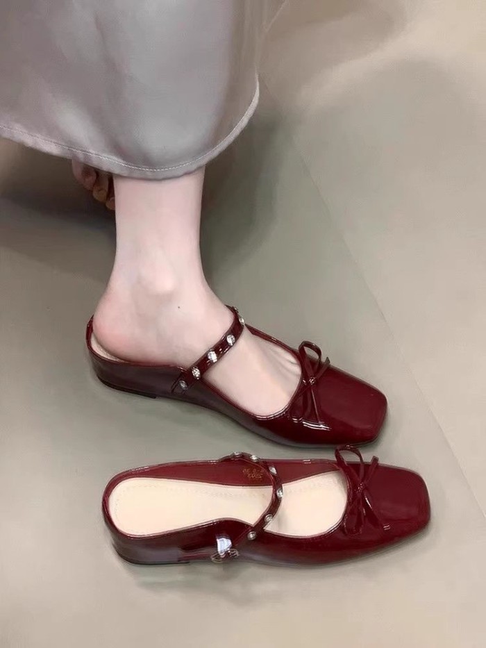 Dép cao nửa mũi nơ màu hồng bên trong dành cho nữ mang bên ngoài Dép sandal miệng nông Mary J