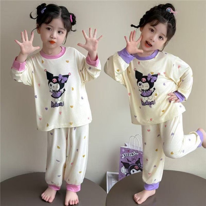 bộ đồ ngủ trẻ em xuân thu quần áo nhà mới hoạt hình Kurome chấm bi dài tay bộ đồ