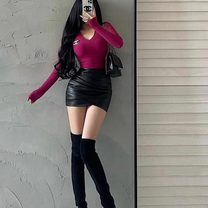 Váy xếp ly màu đen không đều dành cho nữ mùa thu đông cao cấp bó sát hot girl da pu hông váy ngắ