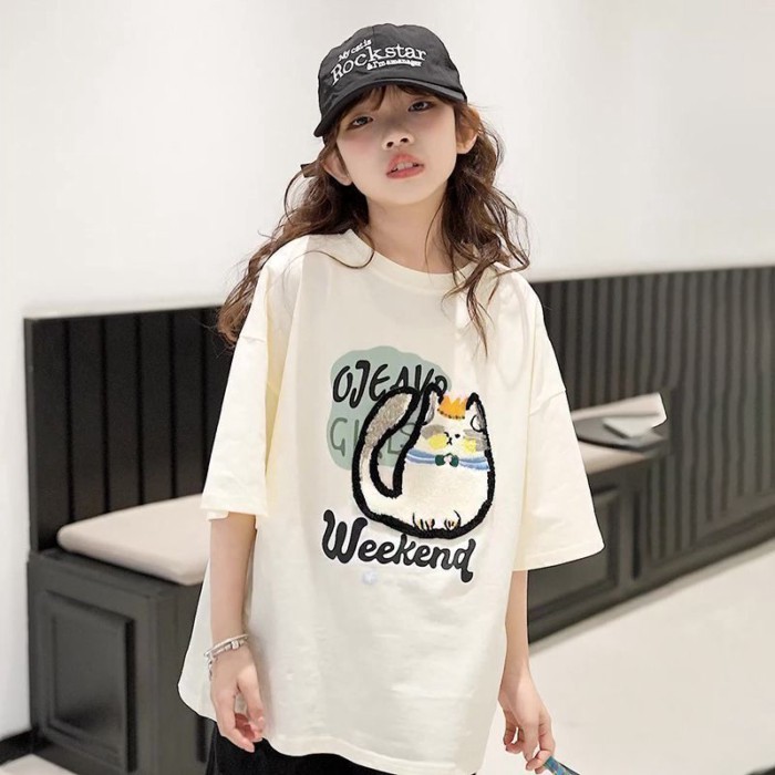 quần áo trẻ em Áo thun ngắn tay bé gái áo mới cỡ vừa và lớn cho trẻ em phong cách mùa hè rộng rã