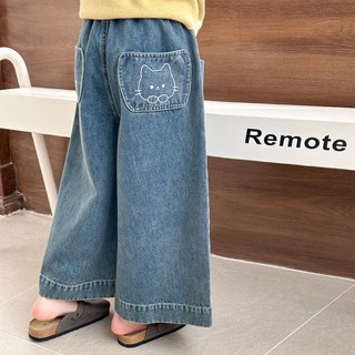 Quần ống rộng hình mèo thời trang cho bé gái, quần jean ống đứng dáng rộng giản dị, quần trẻ em cỡ