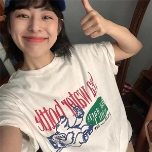Áo thun ngắn tay in hình phong cách retro Mỹ nguyên chất mùa hè mới tay lỡ nửa tay