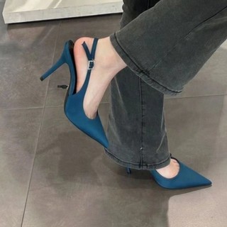 Baotou Temperament Stiletto Sandals For Women New Versatile Blue Pointed Toe French Rhineston