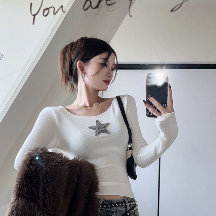 áo thun nữ mùa xuân thu mới phiên bản Hàn Quốc Pure Desire Star mặc bên trong ngắn hot girl áo đ
