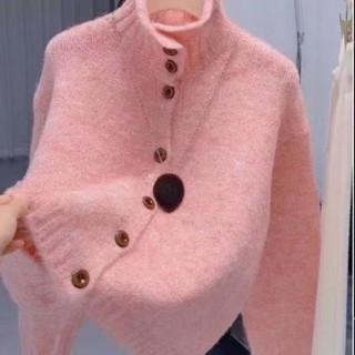 cổ cao dệt kim lười áo khoác mùa thu đông mới áo len đơn ngực cardigan màu trơn áo len dệt kim