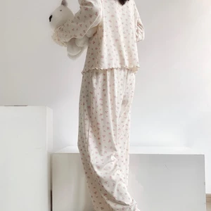 Bộ đồ ngủ phong cách Hàn Quốc dành cho nữ, hoa ngọt ngào ký túc xá xuân thu quần dài đơn giản Bộ qu