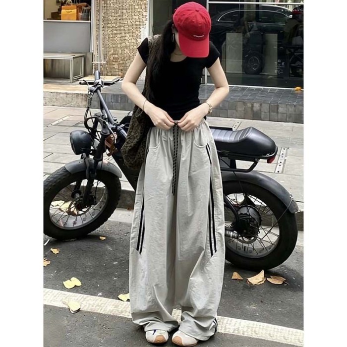 Quần ống rộng thể thao kẻ sọc lười biếng cho nữ mùa hè Quần ống rộng lưng cao phong cách Hàn