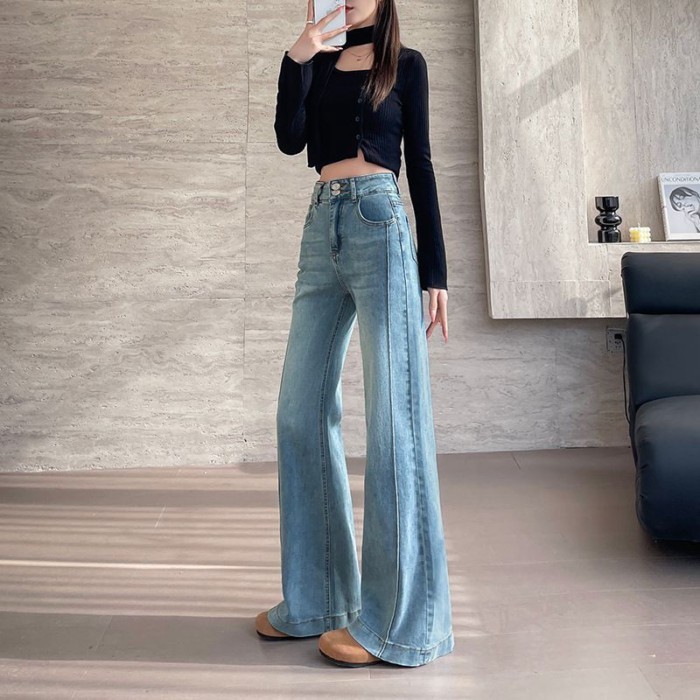 chiếc quần jeans bootcut màu xanh nhạt dành cho nữ mùa xuân thu mới lưng cao dáng rộng quần ống