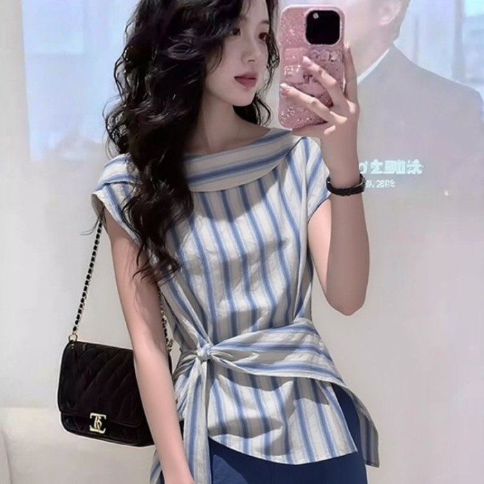 Lan ~ Mùa hè Phong cách mới Thời trang sọc buộc dây eo hẹp mỏng hơn Nhìn tất cả @ -