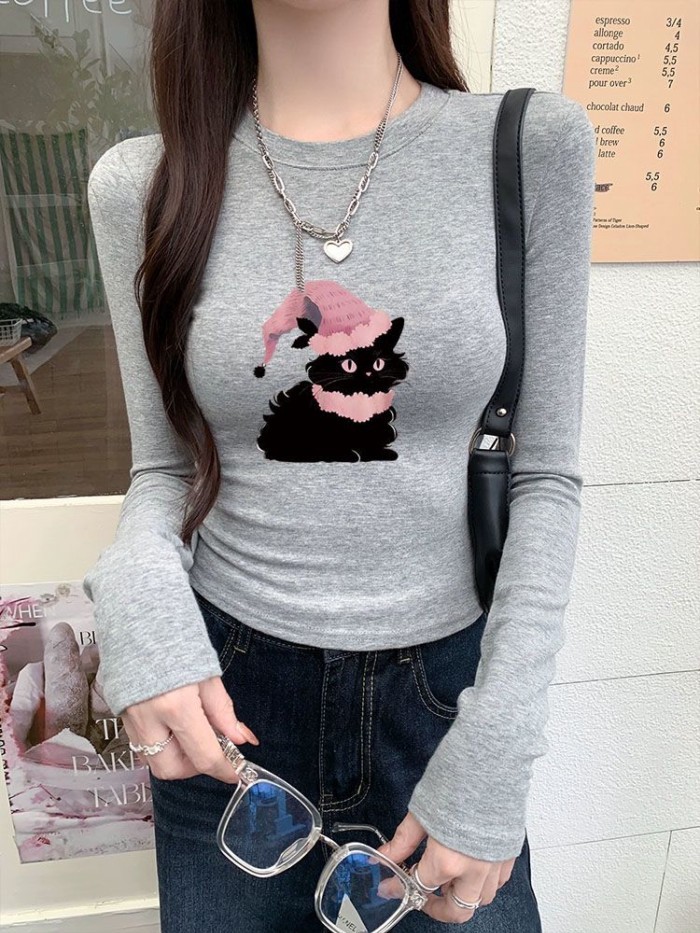 Áo thun dài tay nhung Đức in hình mèo con màu xám mùa dành cho hot girl thon gọn vai phải mỏng ấm á