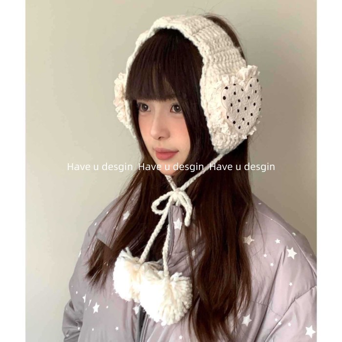 Earmuff nữ mùa đông thiết kế Hàn Quốc, chất liệu fleece và lông cừu, họa tiết chấm bi giữ ấm tốt