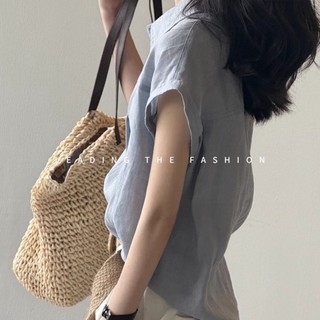 Mùa Hè Cao Cấp Màu Xanh Tay Ngắn Áo Sơ Mi Nữ Mùa Hè Đi Làm Mặc Áo Sơ Mi Nhỏ Bay Tay Áo Không