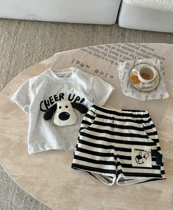 Bộ đồ bé trai và trẻ em ba chiều cún con mùa hè thời trang mới quần short ngắn tay in hình dễ