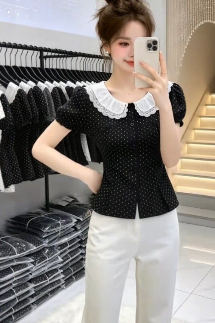 Áo sơ mi ngắn tay chấm bi màu đen dành cho nữ với kiểu dáng sang trọng kiểu Pháp độc đáo thắt