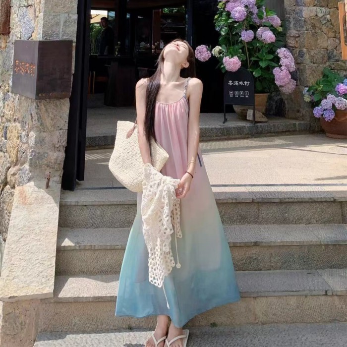 Sweet Holiday Style Gradient Dress For Women Summer New Seaside Loose And Age-reducing Design
