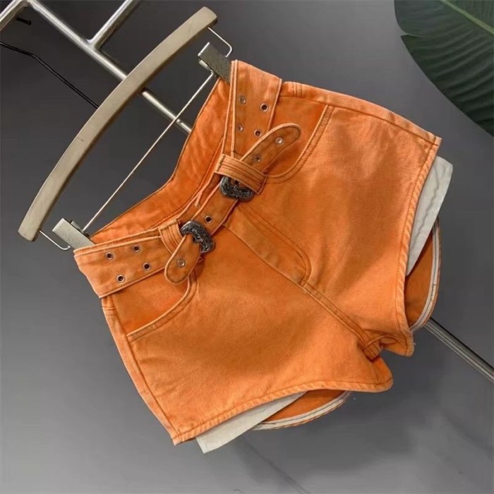 Quần short denim dài chân màu cam hottie phong cách mới, lưng cao, đa năng, túi hở, quần chữ