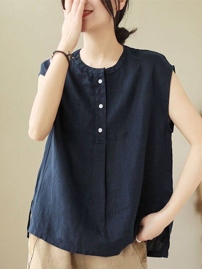 Áo thun cotton và lanh không tay mùa hè dành cho nữ cỡ lớn vải lanh nữ mặc mùa hè rộng rãi