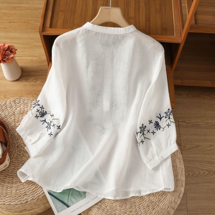 Văn Học Tay Phồng Thêu Áo Sơ Mi Cotton Và Vải Lanh Nữ Mùa Hè Dáng Rộng Giày Lười Cổ Đứng Giữa Tay Á