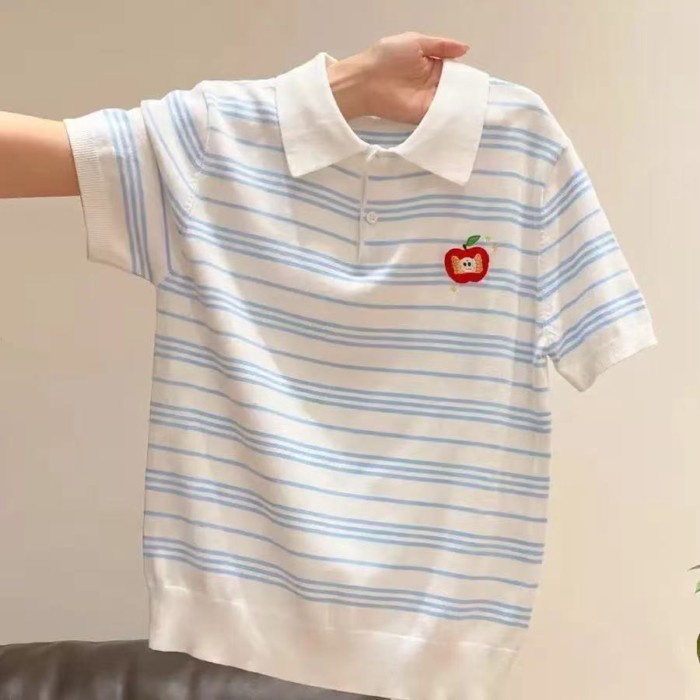 Áo thun POLO sọc xanh trắng phong cách Hàn Quốc áo thun ngắn tay ngắn tay đơn giản thời trang