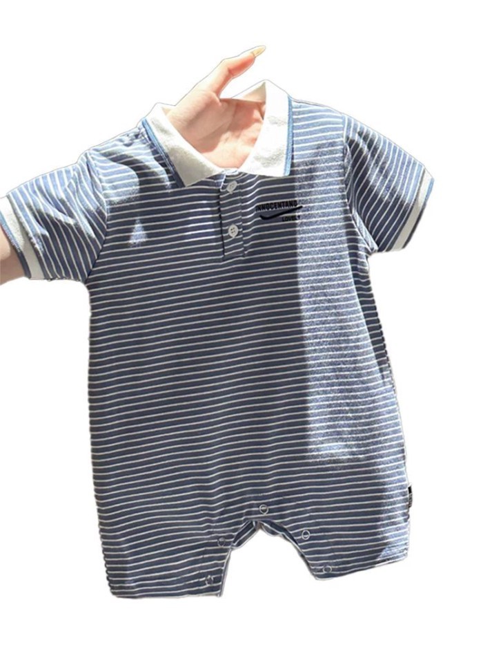 Phong cách nhẹ nhàng và sống động Jumpsuit sọc mỏng cổ sơ mi ngắn tay hậu cung