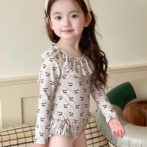 Bé Gái Tay Dài Jumpsuit Họa Tiết Hoa Đồ Bơi Mới Cô Bé Dễ Thương Phong Cách Phương Tây Đồ Bơi