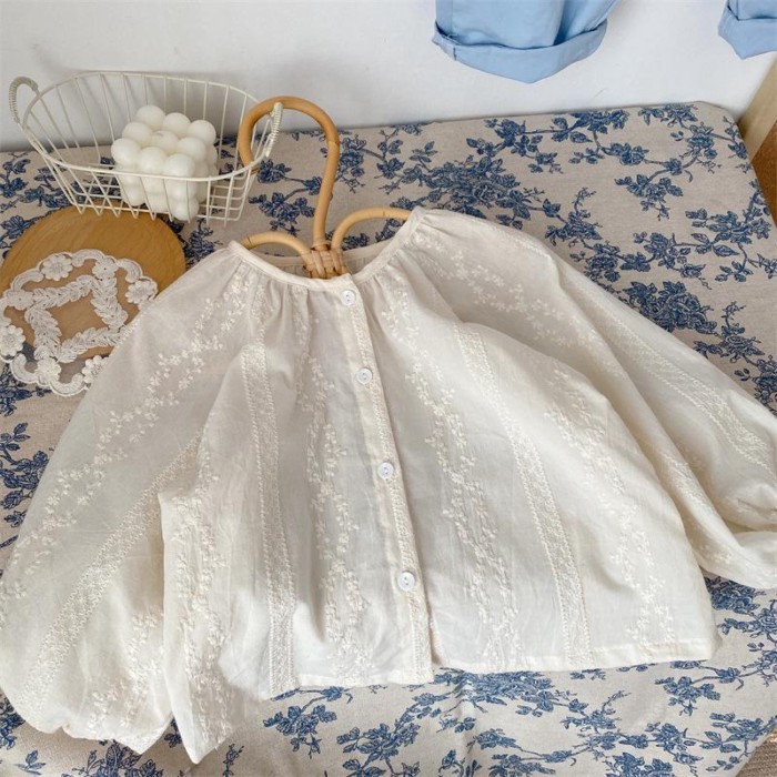 Mới Quần Áo Trẻ Em Bé Gái Phong Cách Nghệ Thuật Full Áo Sơ Mi Thêu Trẻ Em Bé Trai Cổ Tròn Cot