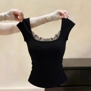 Áo thun nữ thời trang mới phối ren đen cổ vuông mùa hè Mới Niche Style Slim Fit Top